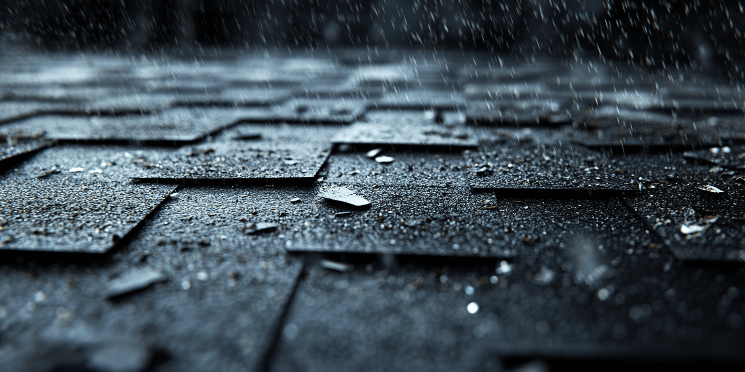 Close-up of a roof with missing shingles caused by storm damage, highlighting the importance of inspections.