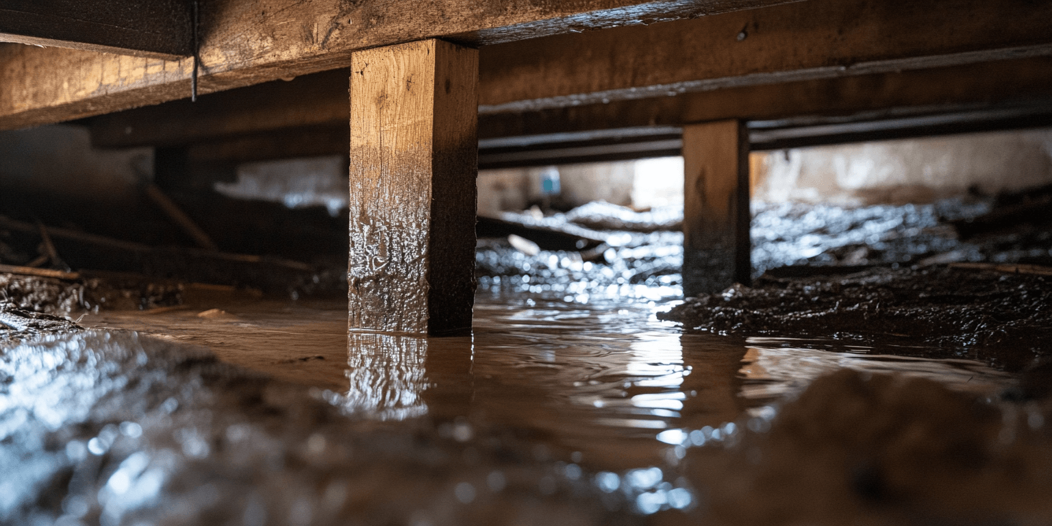 Water pooling in a crawl space, a common issue in pier and beam foundations that requires inspection.