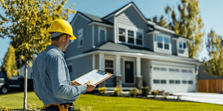 Professional home inspector examining a new construction home in a sunny suburban neighborhood, emphasizing the need for inspections before moving in.