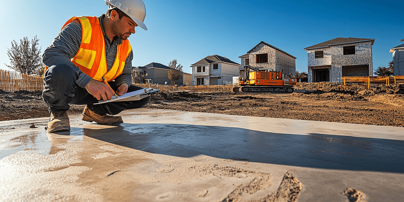 Home inspector examining a newly poured concrete slab foundation at a Northern Texas construction site, checking for structural integrity.