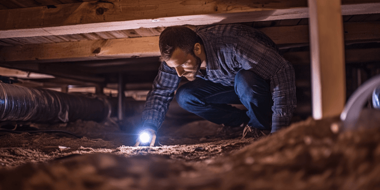 Inspector evaluating the crawl space of a pier and beam foundation home in North Texas for structural integrity and moisture.