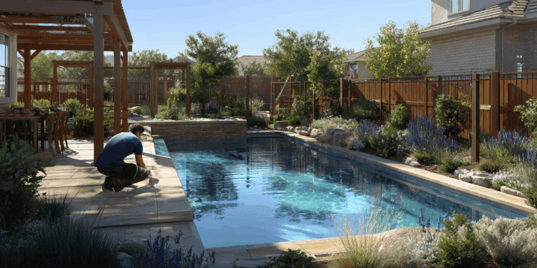 Pool technician inspecting a fenced backyard pool in North Texas with safety gate and clear water.