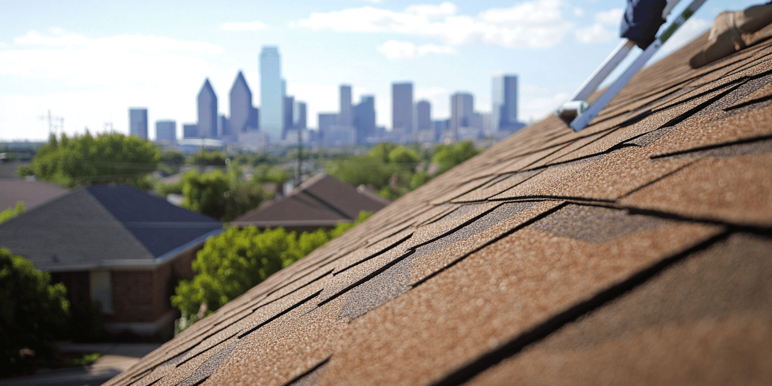Inspector examining roof shingles and flashing on a North Texas home during a comprehensive home inspection.