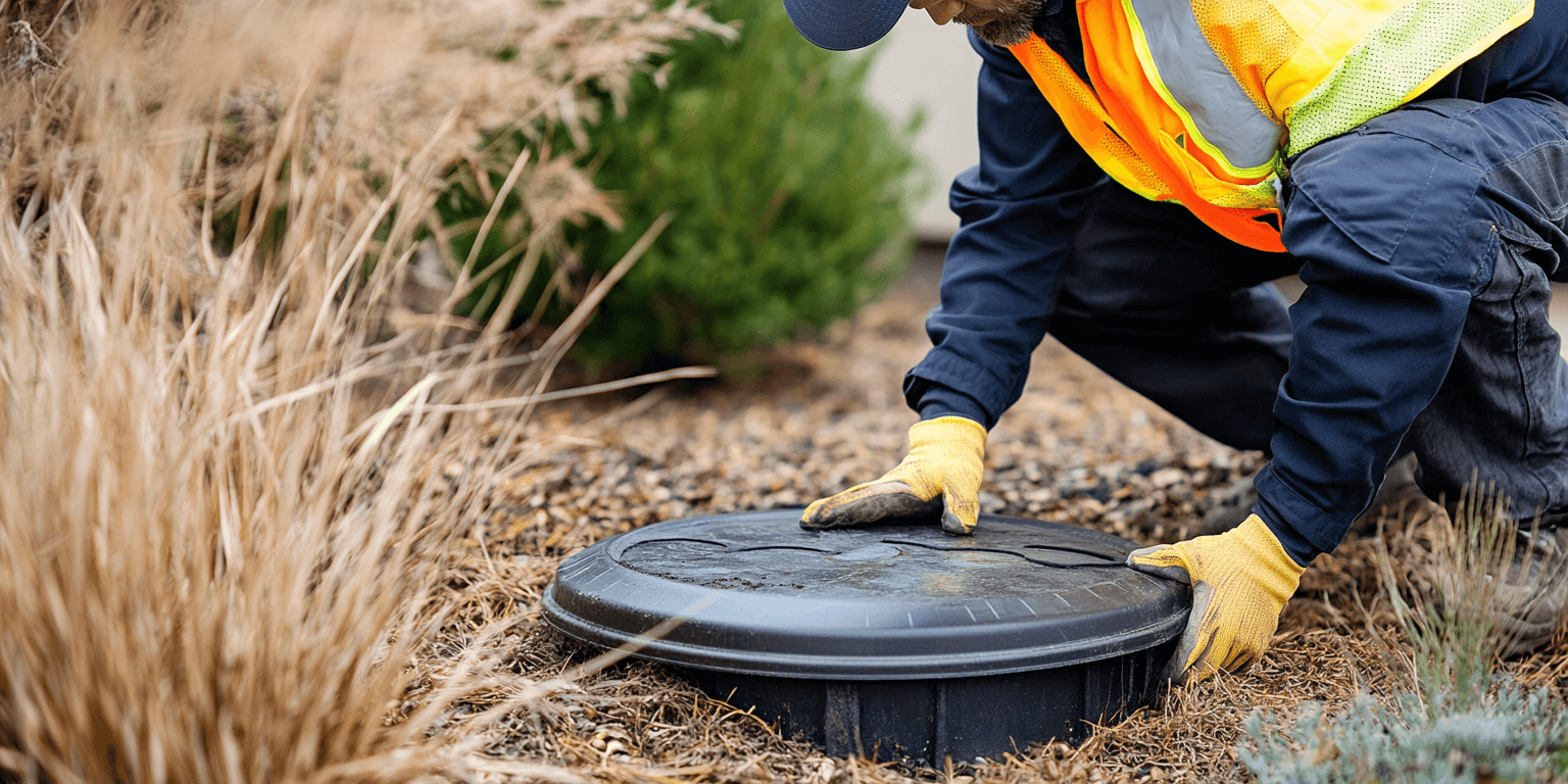Inspector lifting a septic tank lid during a routine inspection on a rural North Texas property.