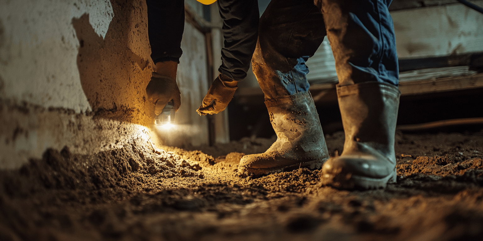 Mud tubes and pest evidence in a crawl space, a red flag for termite or rodent activity during a home inspection.