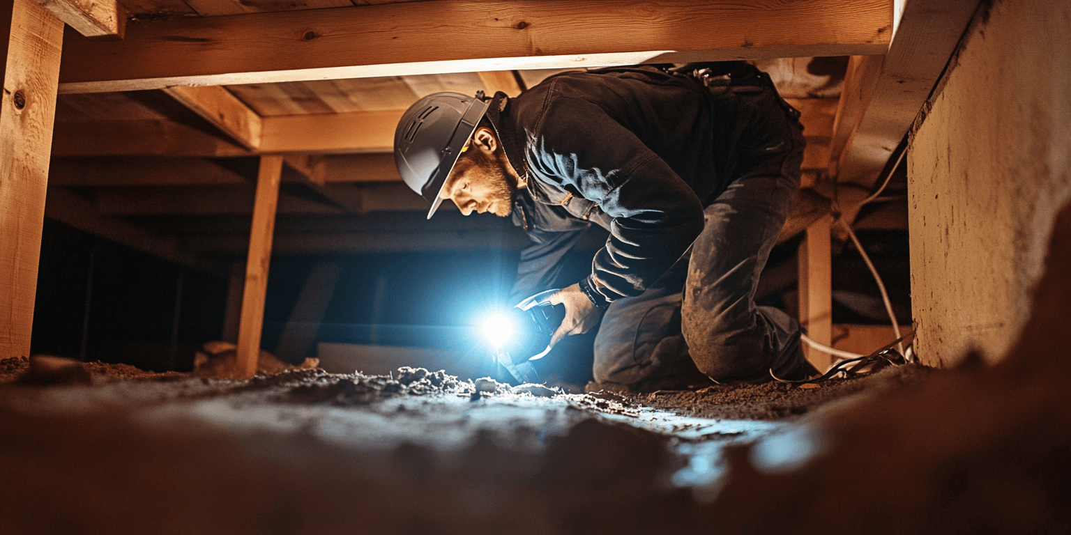 An inspector examining wooden beams in a crawl space during a pier and beam foundation inspection.