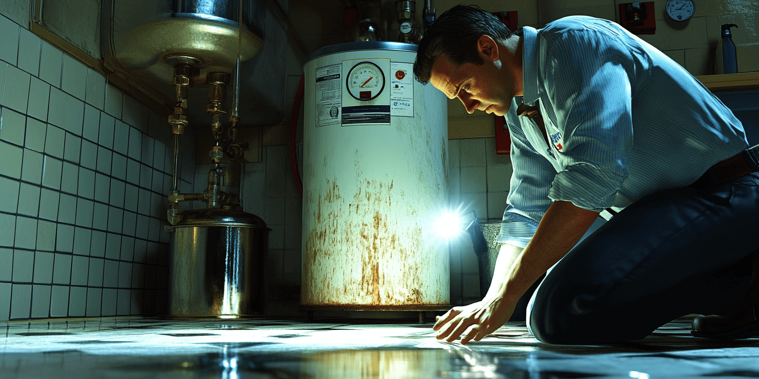 An inspector checking for leaks under a kitchen sink and testing a water heater for functionality during a home inspection for sellers.