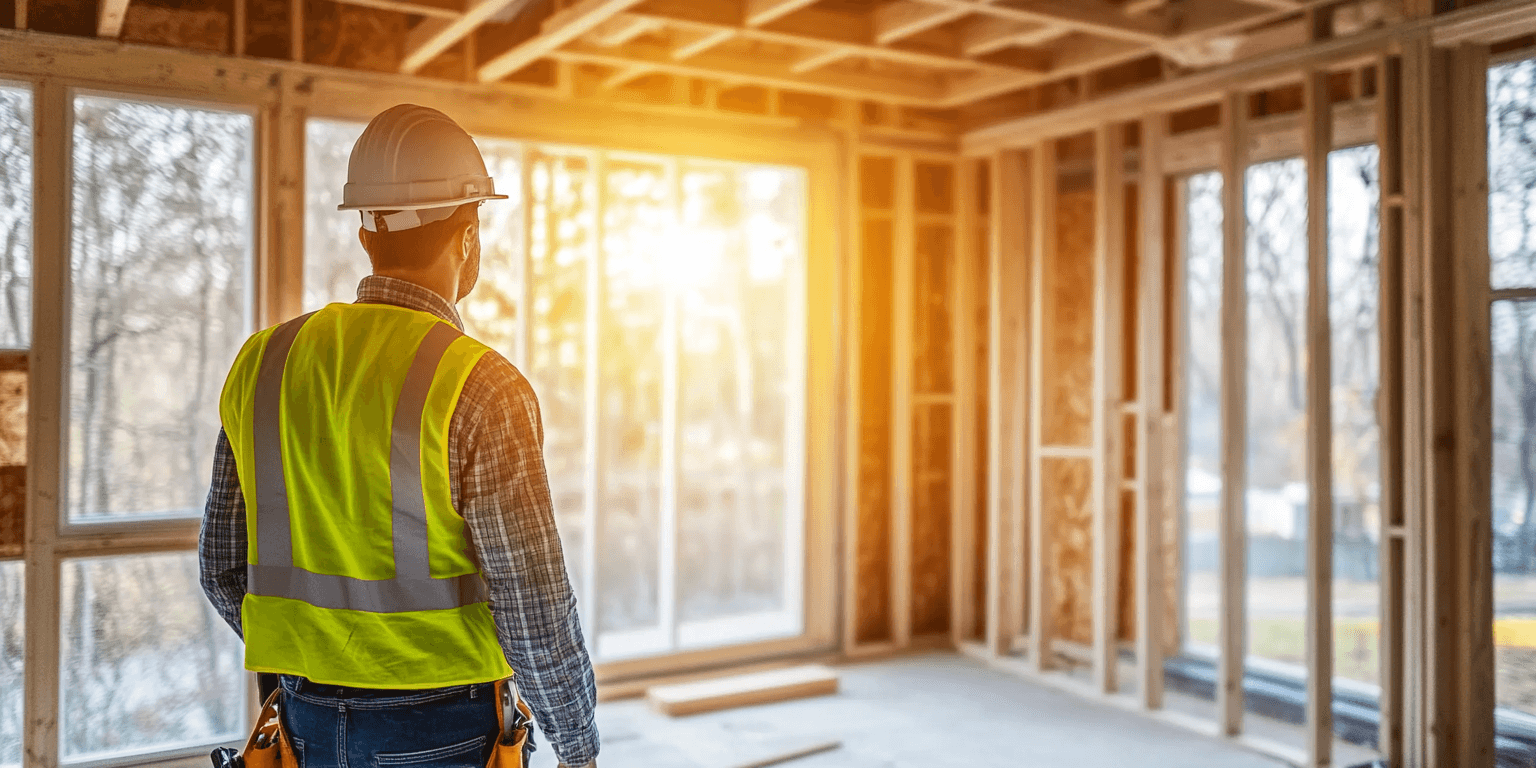 Interior of a new construction home during a pre-drywall inspection, showing exposed framing, wiring, and plumbing with a home inspector examining the structure.