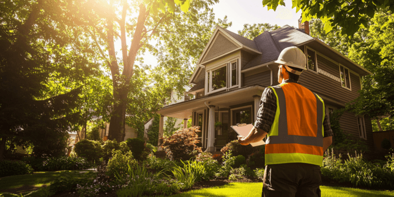 Home inspector in a safety vest holding a clipboard, standing in front of a charming older home with a 'For Sale' sign and a lush garden, bathed in warm sunlight