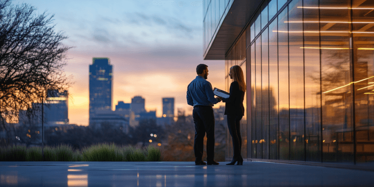 A property owner and inspector reviewing documents outside a modern office building in the Dallas-Fort Worth area, preparing for a commercial inspection.