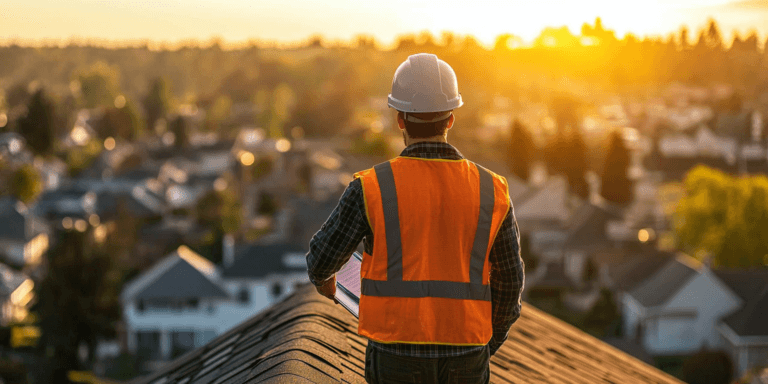 A professional home inspector examining a roof with a clipboard in a suburban neighborhood, emphasizing the importance of roof inspections for homebuyers.