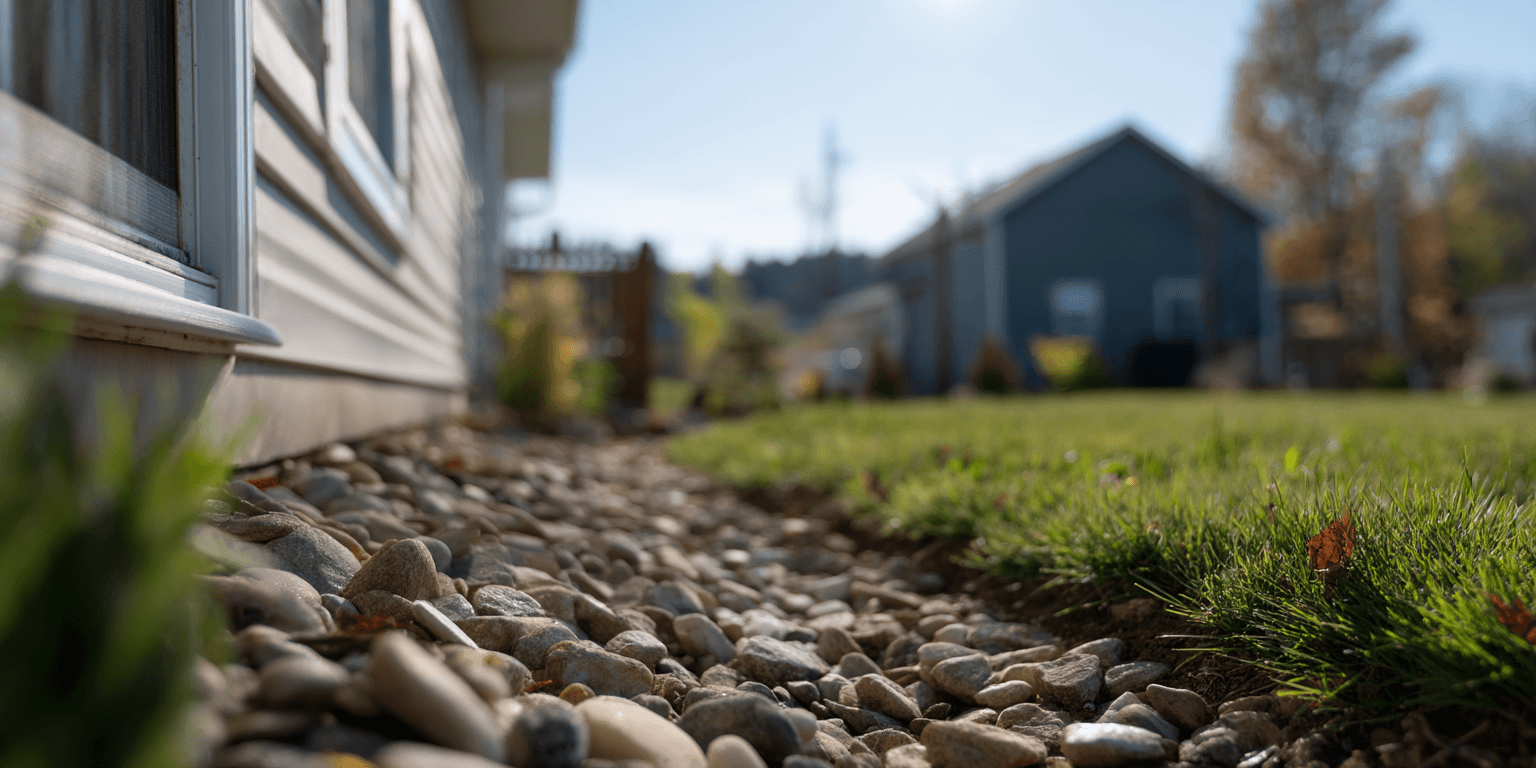 Downspout extended away from home foundation, draining into gravel to prevent water damage.