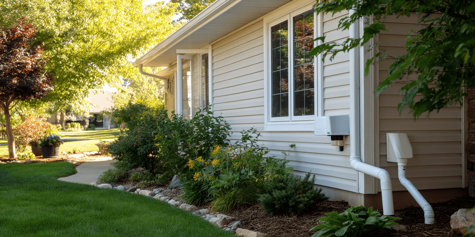 Side view of a home with a radon mitigation system installed, including PVC piping and a fan unit to redirect gas safely outside.