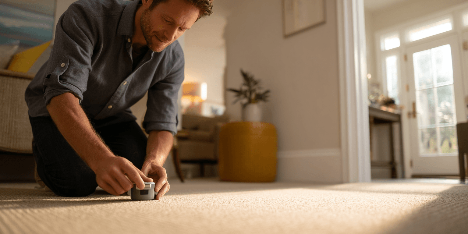 Home inspector placing a radon testing device in a ground-floor room, demonstrating the importance of monitoring indoor air quality.