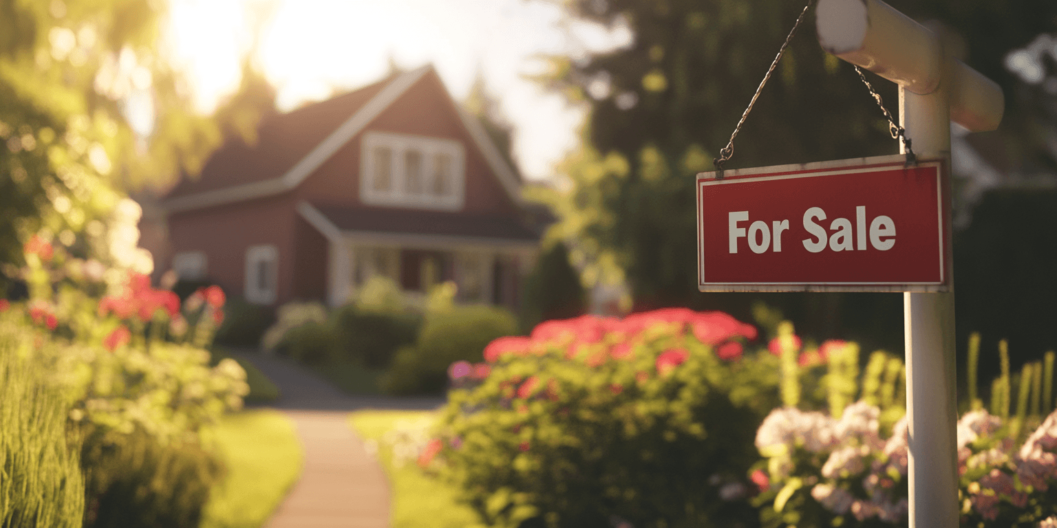 Real estate signpost with no text in front of a freshly painted house, surrounded by well-maintained landscaping and bright flowers, under clear daylight.
