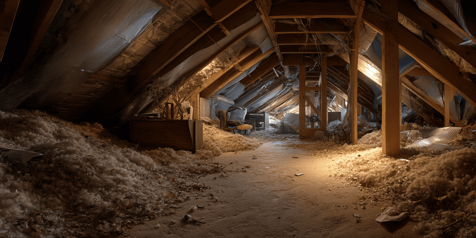 Rodent nest found in attic insulation with signs of chewing and small droppings — a clear pest control concern.