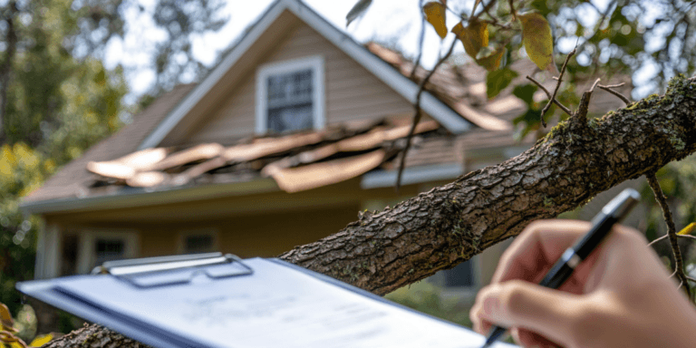 A home with visible roof damage and a clipboard in the foreground, symbolizing roof inspections for insurance claims.