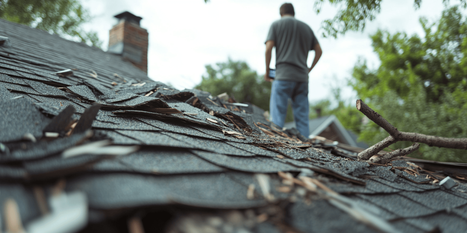 Close-up of storm-damaged roof with missing shingles and hail dents, as a homeowner uses a smartphone to document the damage.
