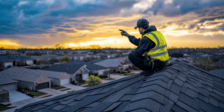 Home inspector assessing roof damage after a storm in a North Texas neighborhood, ensuring the roof's condition is safe