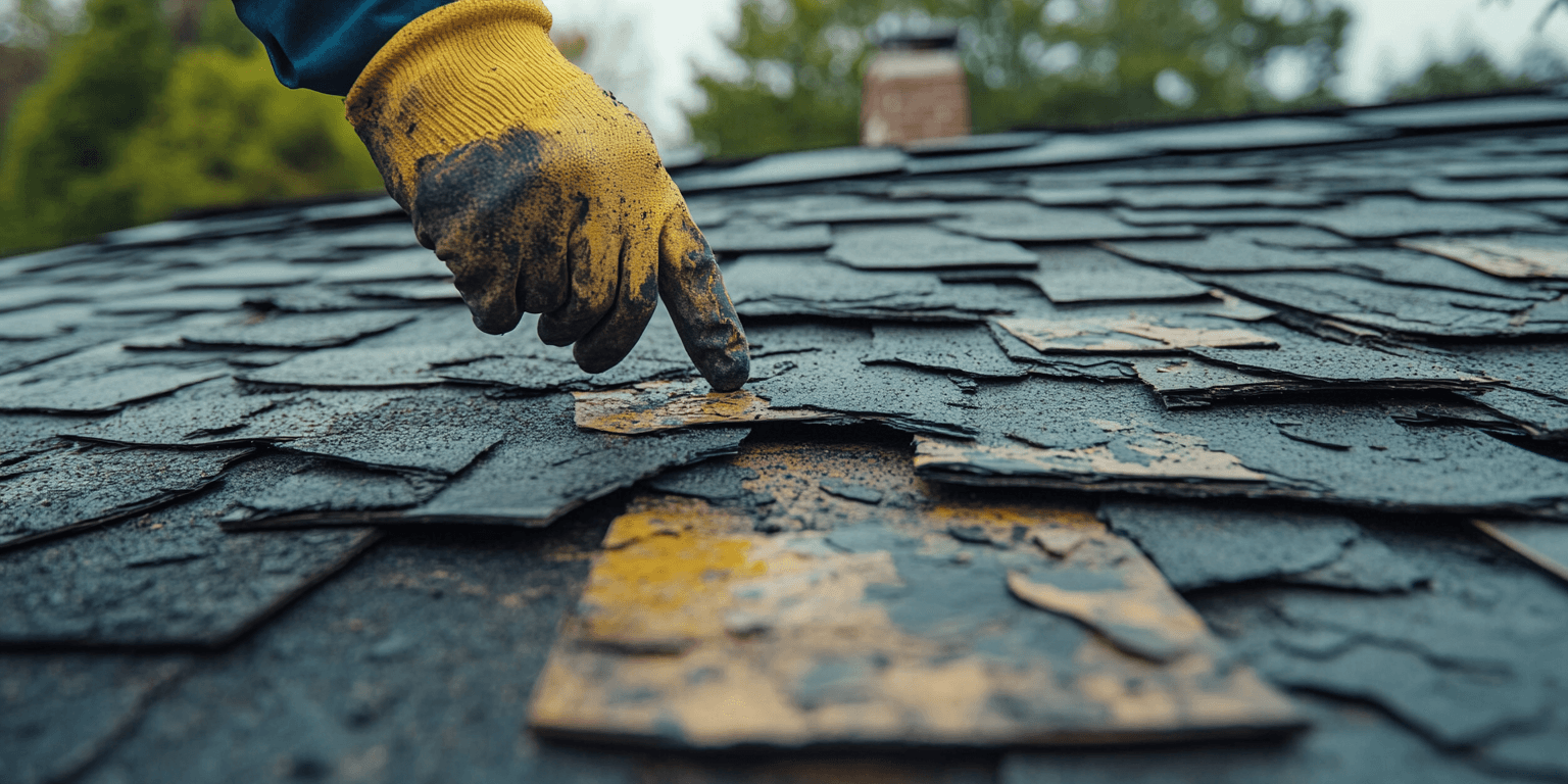 Close-up of different roofing materials, with a gloved hand pointing to a cracked shingle, highlighting the importance of inspecting roofing materials during a home inspection.