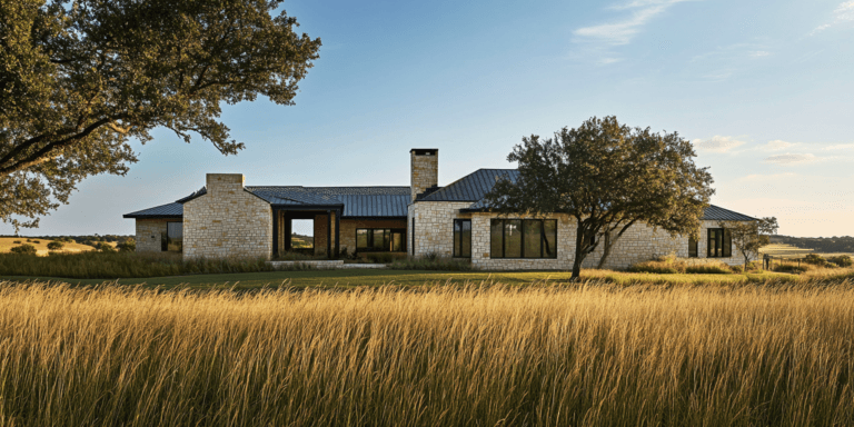 A rural North Texas limestone home with septic system markers visible in a yard surrounded by mesquite trees and open land, emphasizing septic inspections.