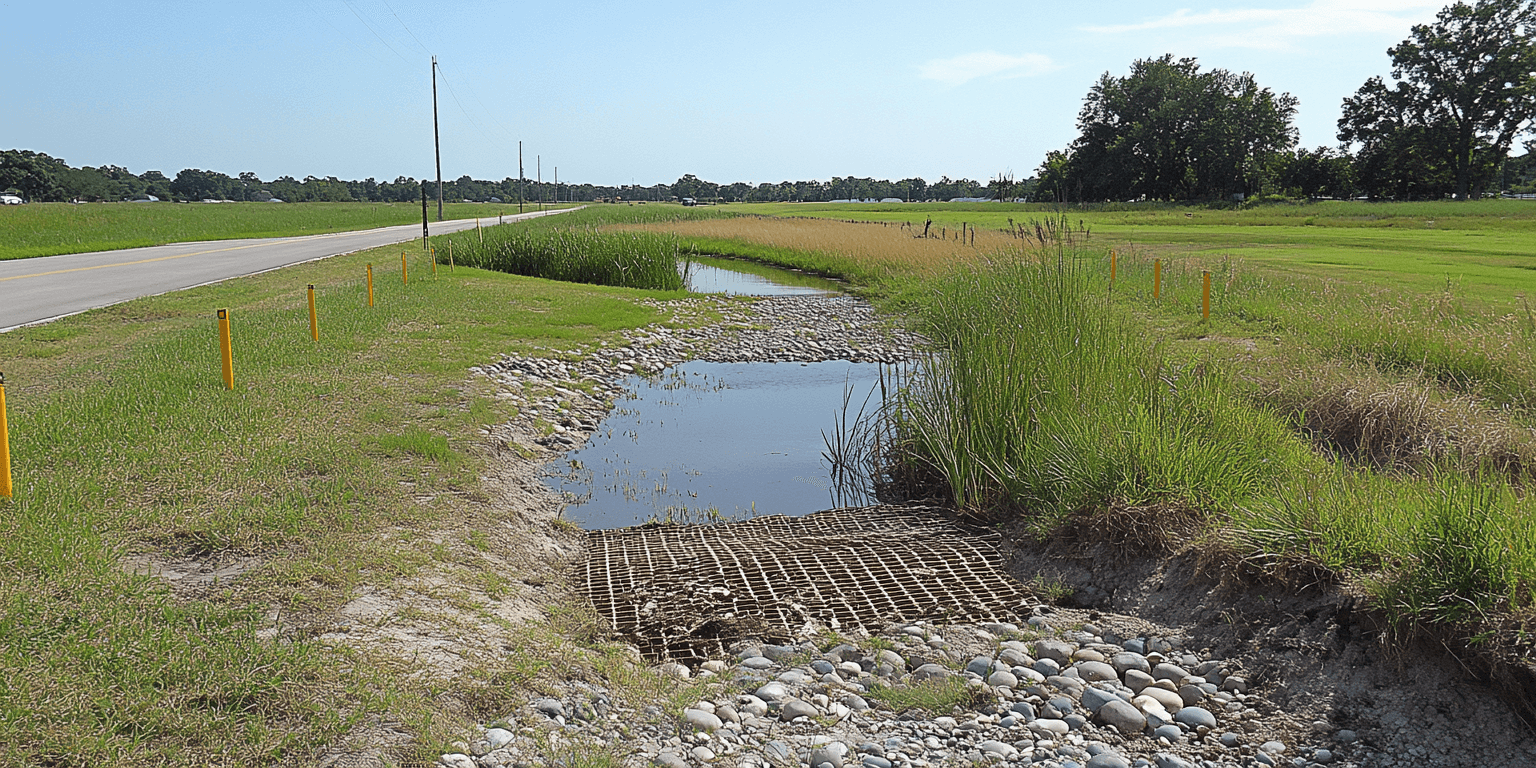 A well-maintained septic drain field with markers showing areas to avoid parking or planting near.