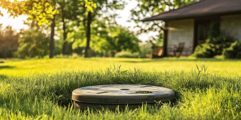 A rural home with a visible septic tank lid, symbolizing the importance of ongoing septic system care after an inspection.