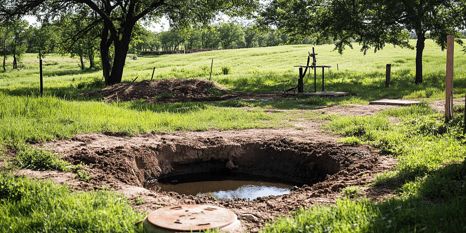 nspector lifting a septic tank lid during a routine inspection on a rural North Texas property.