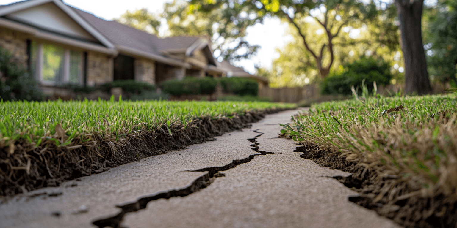 Visible edge of a slab foundation on a North Texas home, highlighting inspection areas for cracks and settling.