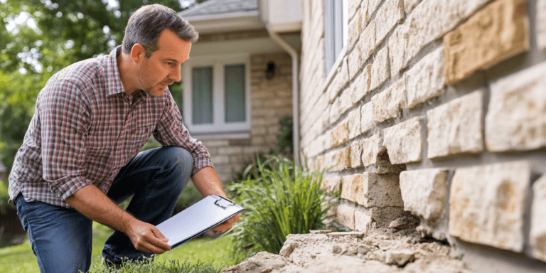 Inspector evaluating a North Texas home's foundation for red flags during a home inspection.