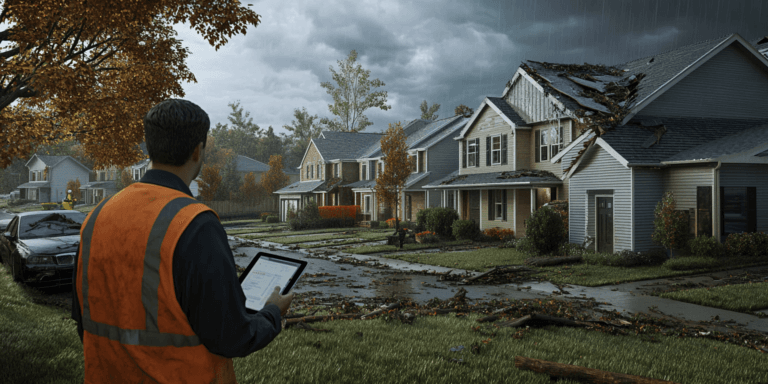 Neighborhood with storm-damaged houses, including tarped roofs and fallen tree branches, with a professional inspector documenting the damage on a tablet