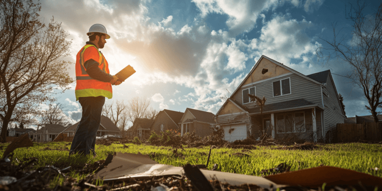 Professional home inspector with clipboard examining a house for storm damage, showcasing minor roof issues and scattered debris in a suburban neighborhood.