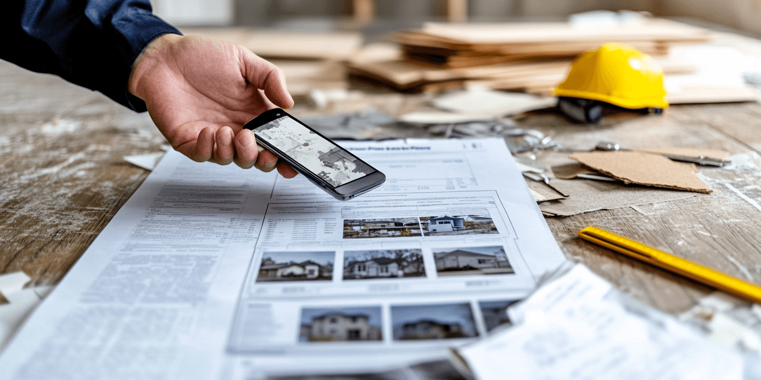 Homeowner’s desk with an open storm damage inspection report and a smartphone displaying a contractor’s contact information for repair scheduling.
