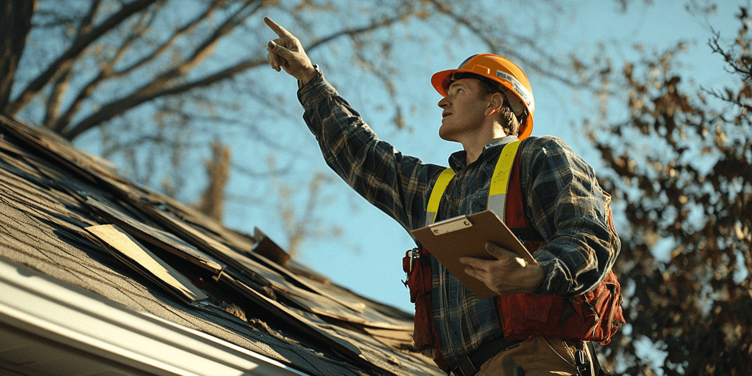 Professional inspector on a roof examining storm damage with safety gear, pointing to missing shingles while holding a clipboard.