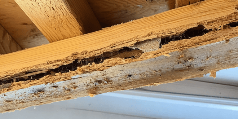Close-up of termite-damaged wood with frass, representing the importance of termite inspections before buying a home