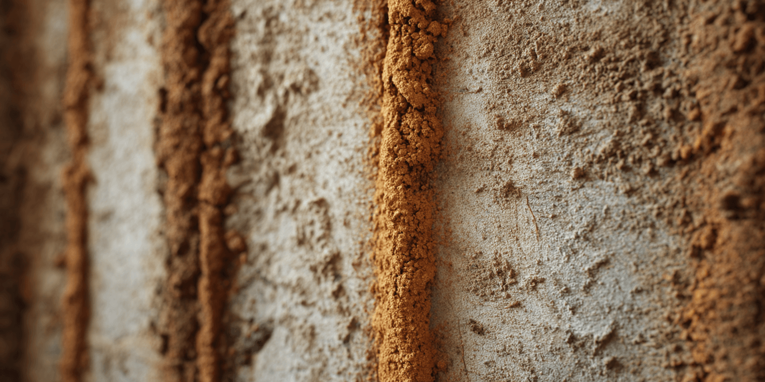 Termite mud tubes on the foundation wall of a home, a key sign of an active infestation.