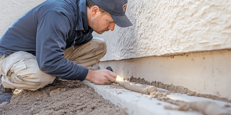 Inspector examining a North Texas home's foundation for termite activity, highlighting the importance of timely inspections.
