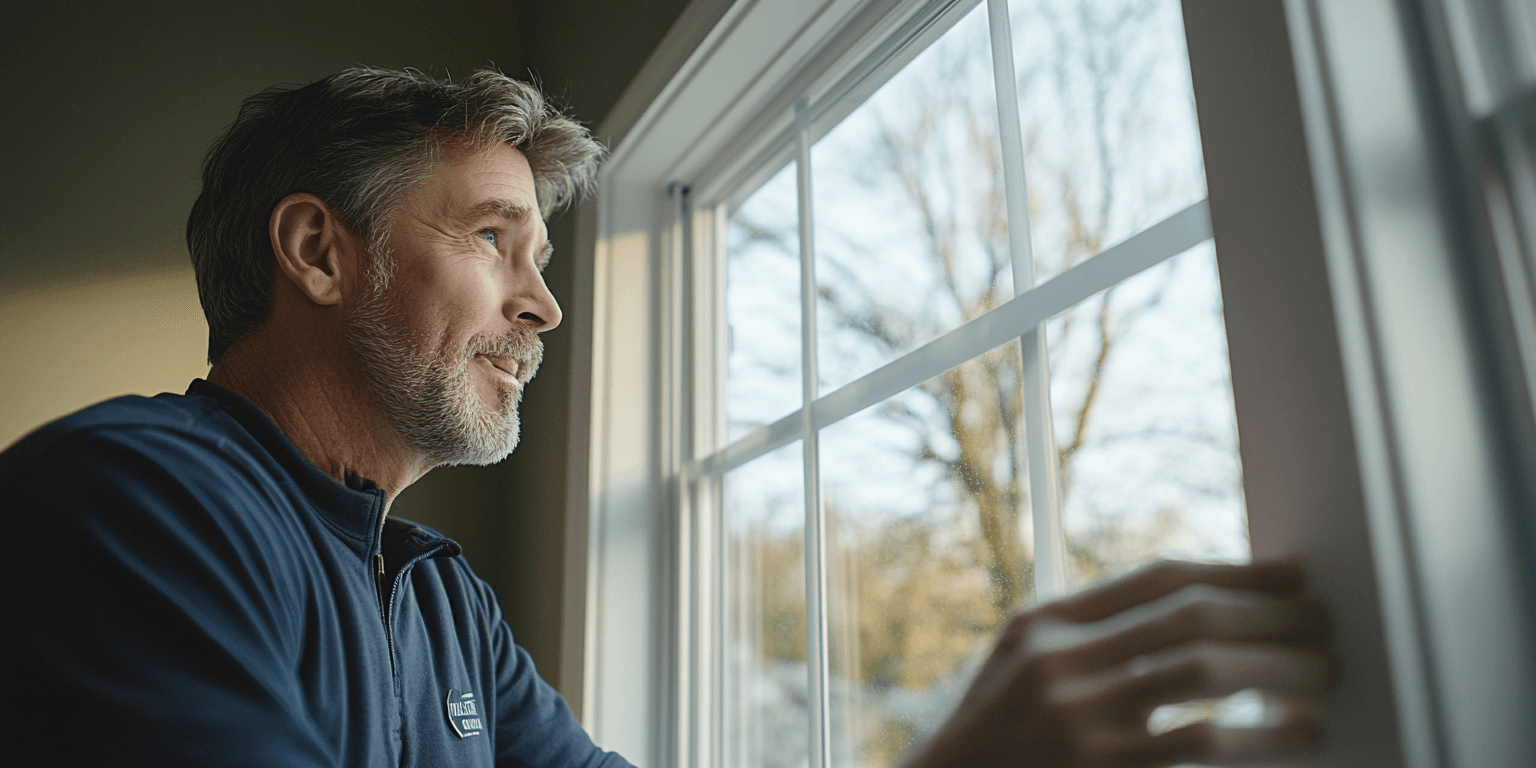 Inspector testing a new window for alignment and sealing during a home inspection.