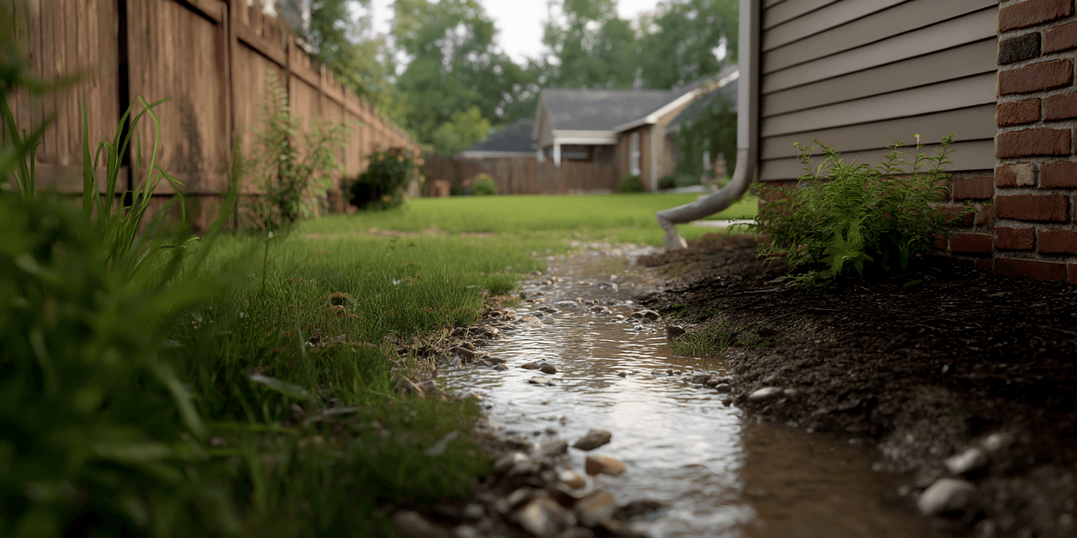 Water pooling near a home’s foundation due to poor yard grading, creating a risk of structural damage.